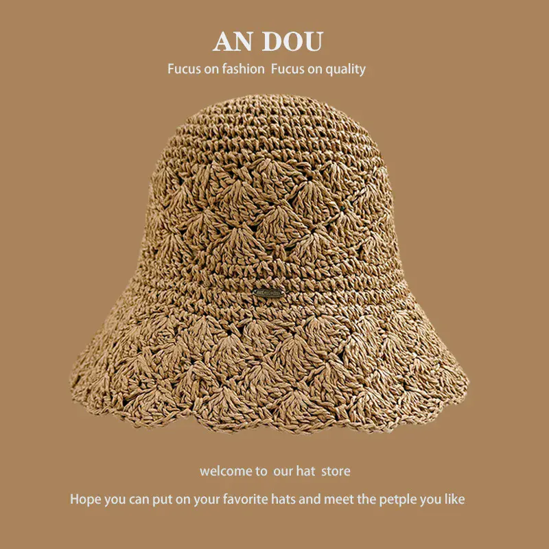 Japanese Spring/Summer Solid Color Lace Show Face Small Bucket Hat Women's Leisure Style Grass Knitted Foldable Fisherman Hat