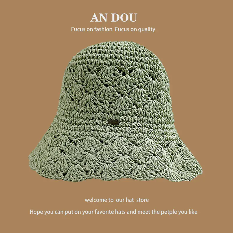 Japanese Spring/Summer Solid Color Lace Show Face Small Bucket Hat Women's Leisure Style Grass Knitted Foldable Fisherman Hat
