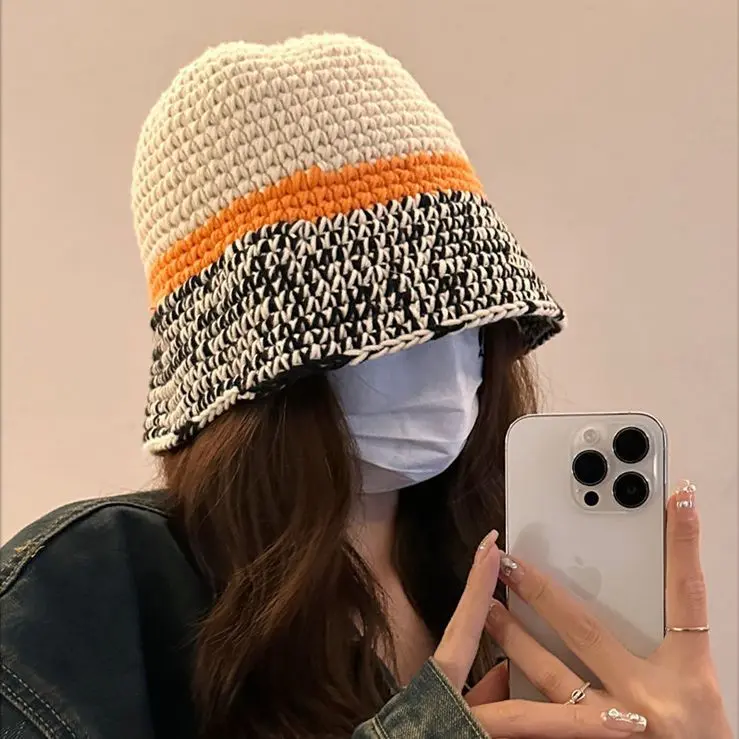 Japanese Knitted Bucket Hat Women's Autumn and Winter Big Head Waist Plain Face Covering Fisherman Hat Korean Versatile Bowl Hat