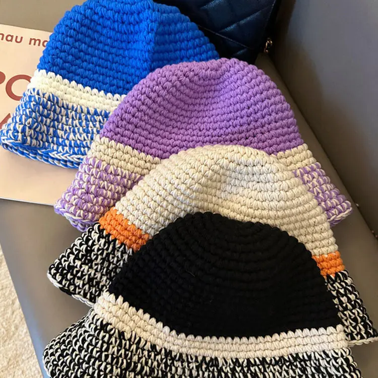 Japanese Knitted Bucket Hat Women's Autumn and Winter Big Head Waist Plain Face Covering Fisherman Hat Korean Versatile Bowl Hat