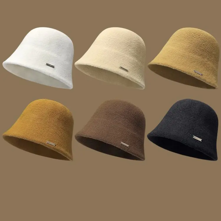 Korean Version Sticker Wool Knitted Fisherman Hat For Women In Autumn And Winter, Versatile Bucket Hat, Warm Woolen Basin Hat