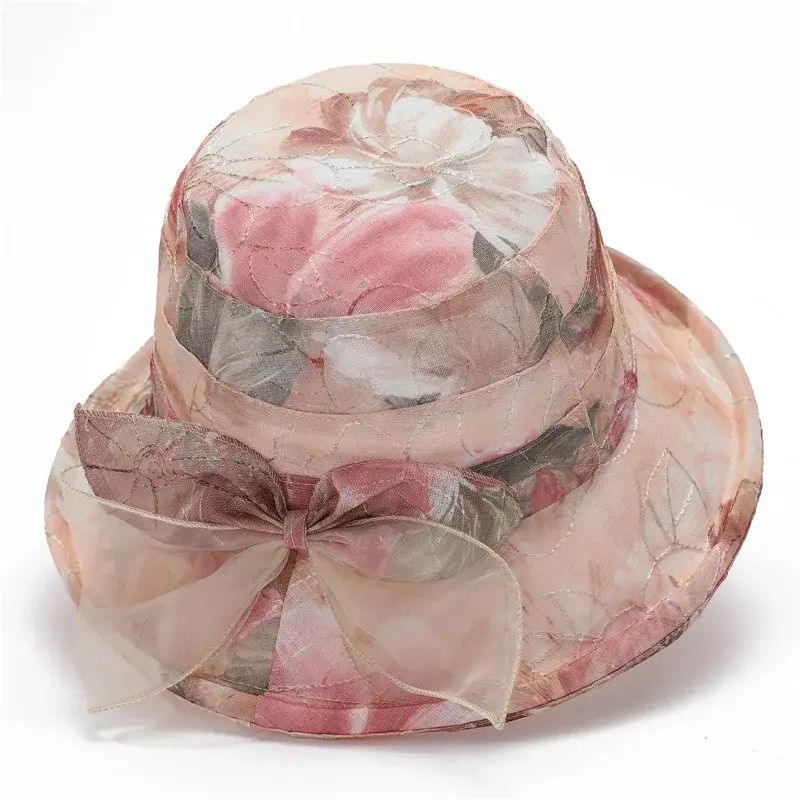 Women's Panama Sunscreen Sun Fisherman Bowl Top Hat with Printed Big Brim Fashion Flower Banquet Cap