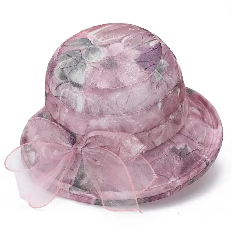 Women's Panama Sunscreen Sun Fisherman Bowl Top Hat with Printed Big Brim Fashion Flower Banquet Cap