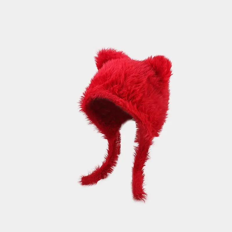 Autumn and Winter Soft Plush Cute Cat Ears Sweet Pullover Women's Hats Korean Casual Shopping Ear Protection Strap Beanies Cap