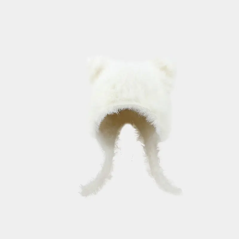 Autumn and Winter Soft Plush Cute Cat Ears Sweet Pullover Women's Hats Korean Casual Shopping Ear Protection Strap Beanies Cap