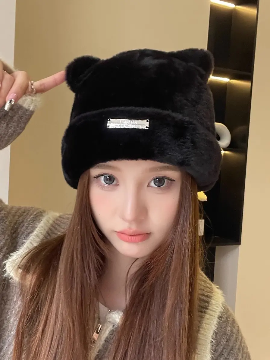 New Women's Faux Mink Fur Plush Fisherman Hat For Autumn And Winter, Warm And Cute Ear Sleeves, Head Cap, Ear Protection Hat