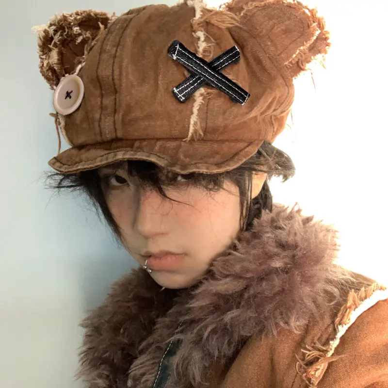 New Spring and Autumn Retro Destruction Style Bear Ears Denim Octagonal Hat Men and Women Button Design Cute Trend Beret Cap