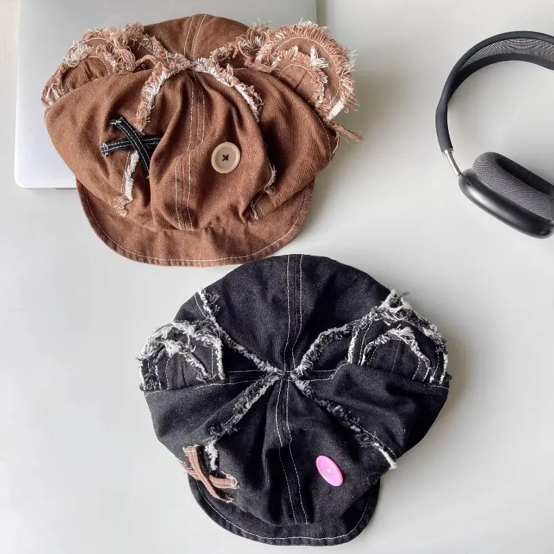 New Spring and Autumn Retro Destruction Style Bear Ears Denim Octagonal Hat Men and Women Button Design Cute Trend Beret Cap