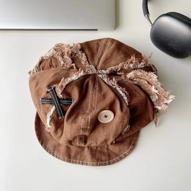 New Spring and Autumn Retro Destruction Style Bear Ears Denim Octagonal Hat Men and Women Button Design Cute Trend Beret Cap