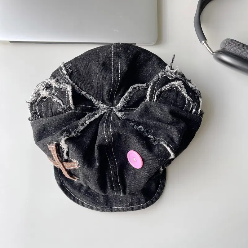 New Spring and Autumn Retro Destruction Style Bear Ears Denim Octagonal Hat Men and Women Button Design Cute Trend Beret Cap