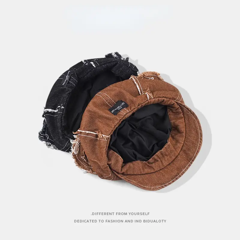 New Spring and Autumn Retro Destruction Style Bear Ears Denim Octagonal Hat Men and Women Button Design Cute Trend Beret Cap