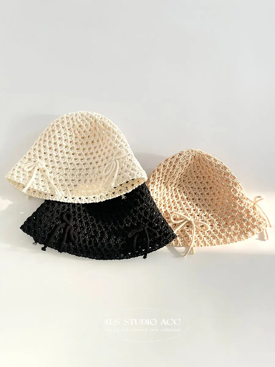 Korean Ins Spring Summer New Sweet Cute Hollow Bow Knitted Sun Bucket Hat Female Sunshade Fisherman Hat