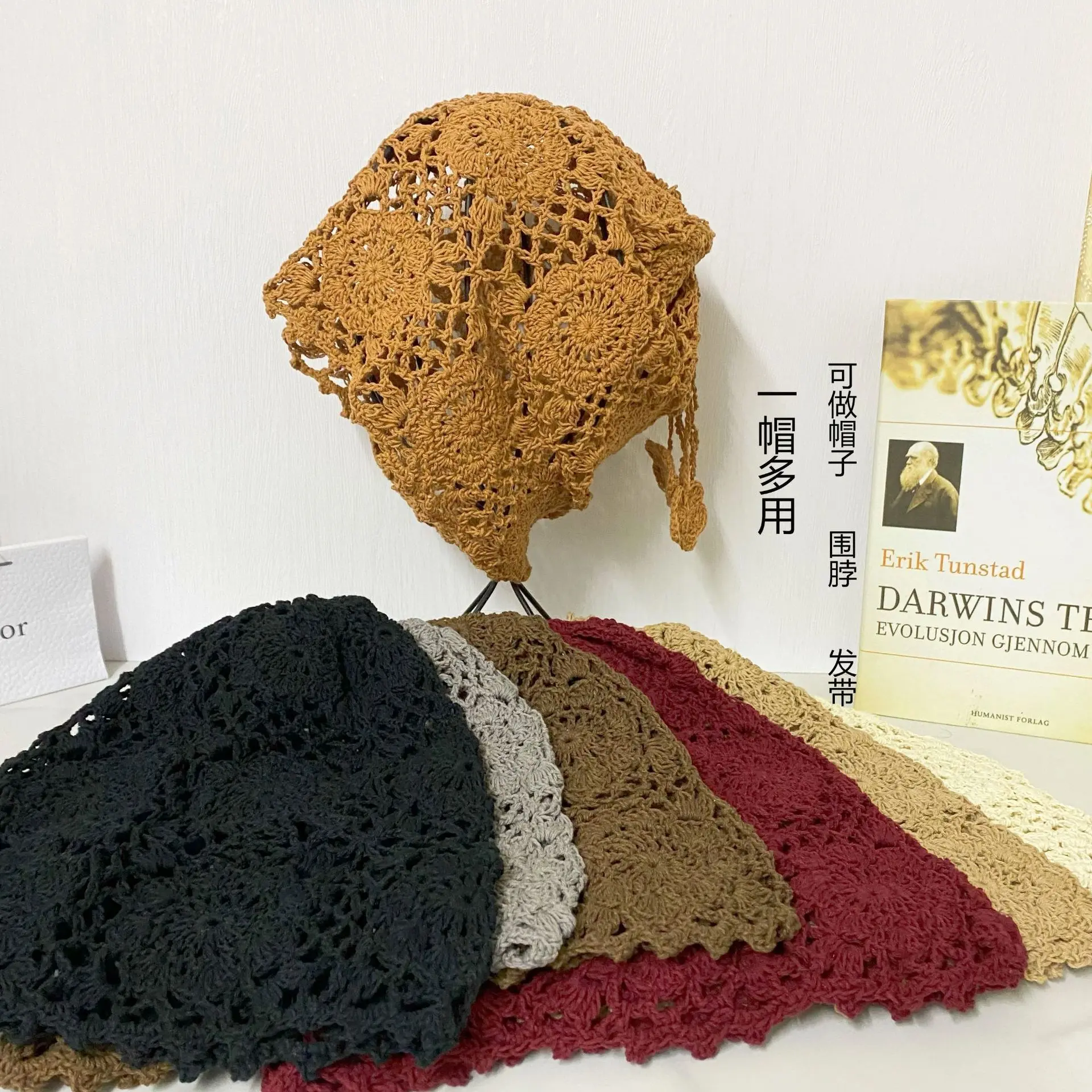 Spring/Summer Thin Hollow Cotton Handmade Women's Hooked Flower Hat Knitted Woolen Hat Headband Knitted Hat