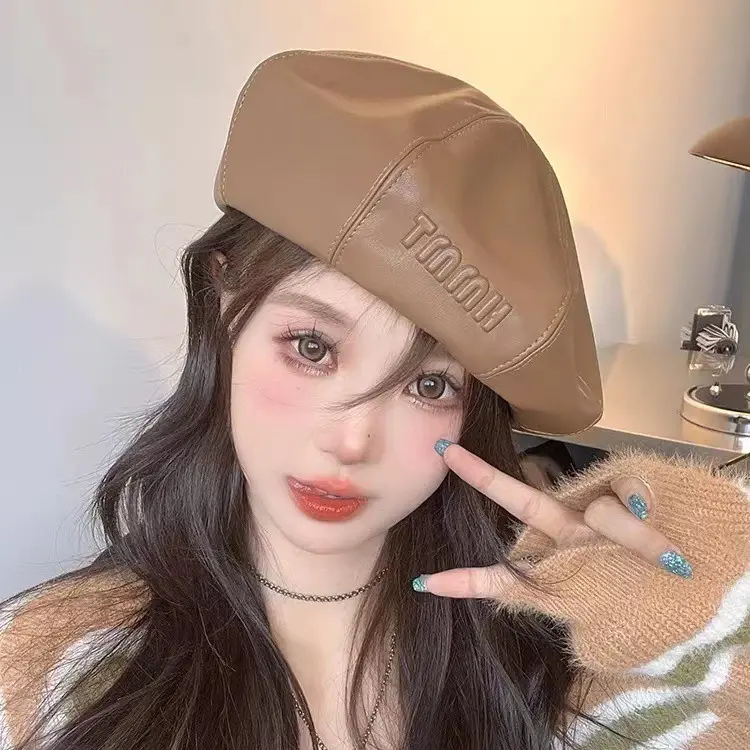Korean PU Leather Beret Women's Hat Spring And Autumn British Versatile Artistic Painter Hat Pumpkin Hat Octagonal Hat