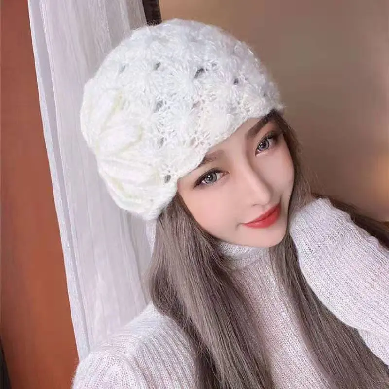 Autumn and Winter Korean Versatile Trendy Retro Elegant Three Dimensional Flower Horse Haimao Hollow Knitted Warm Woolen Hat