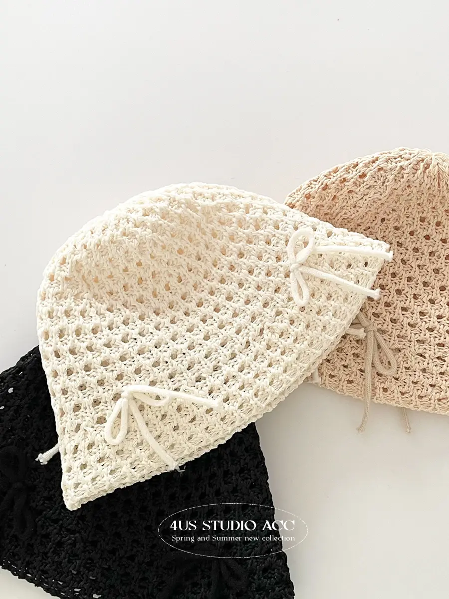 Korean Ins Spring Summer New Sweet Cute Hollow Bow Knitted Sun Bucket Hat Female Sunshade Fisherman Hat
