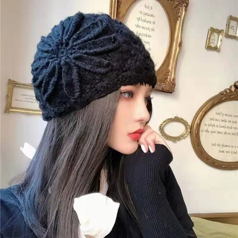 Autumn and Winter Korean Versatile Trendy Retro Elegant Three Dimensional Flower Horse Haimao Hollow Knitted Warm Woolen Hat