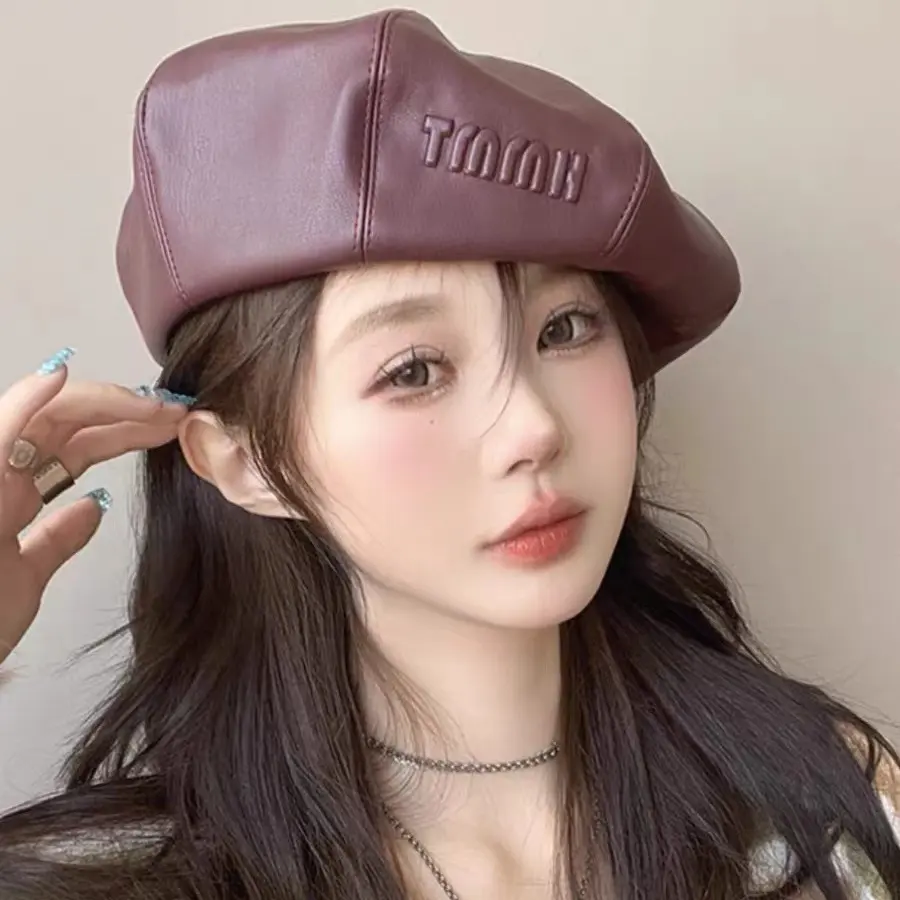 Korean PU Leather Beret Women's Hat Spring And Autumn British Versatile Artistic Painter Hat Pumpkin Hat Octagonal Hat
