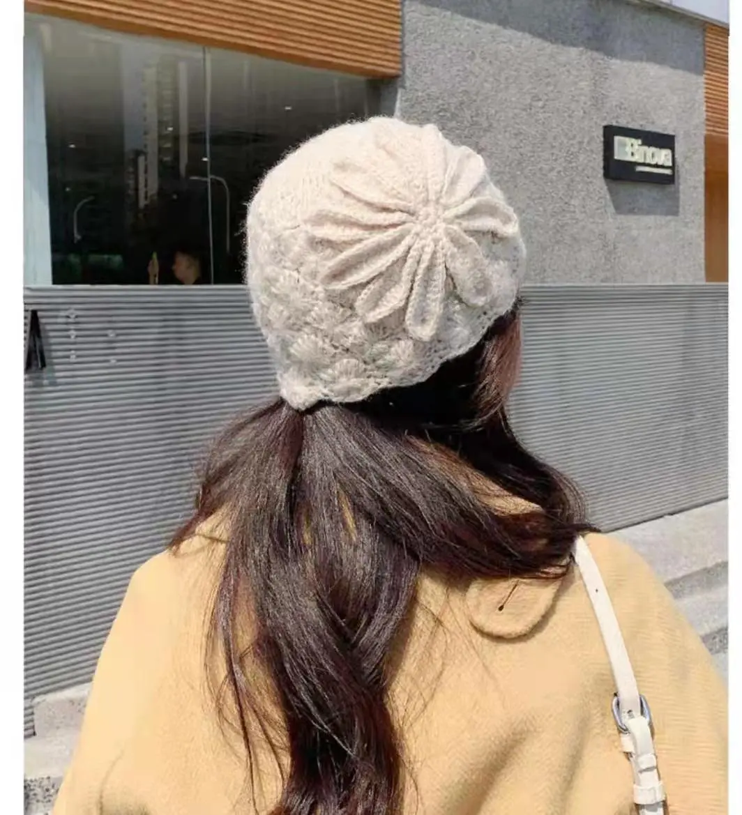 Autumn and Winter Korean Versatile Trendy Retro Elegant Three Dimensional Flower Horse Haimao Hollow Knitted Warm Woolen Hat