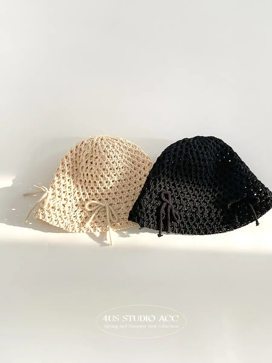 Korean Ins Spring Summer New Sweet Cute Hollow Bow Knitted Sun Bucket Hat Female Sunshade Fisherman Hat