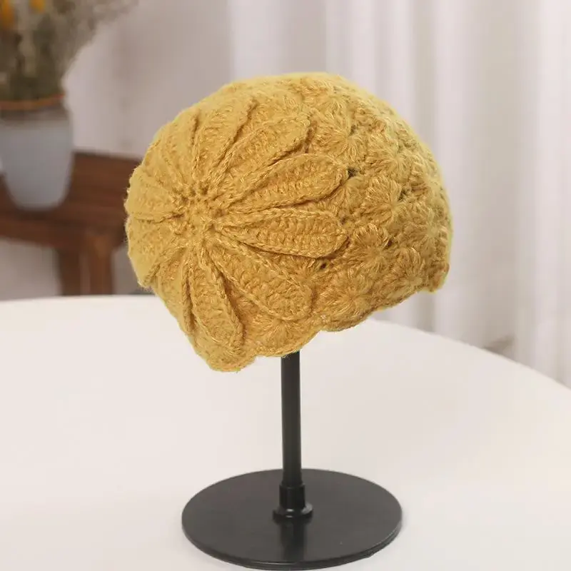 Autumn and Winter Korean Versatile Trendy Retro Elegant Three Dimensional Flower Horse Haimao Hollow Knitted Warm Woolen Hat