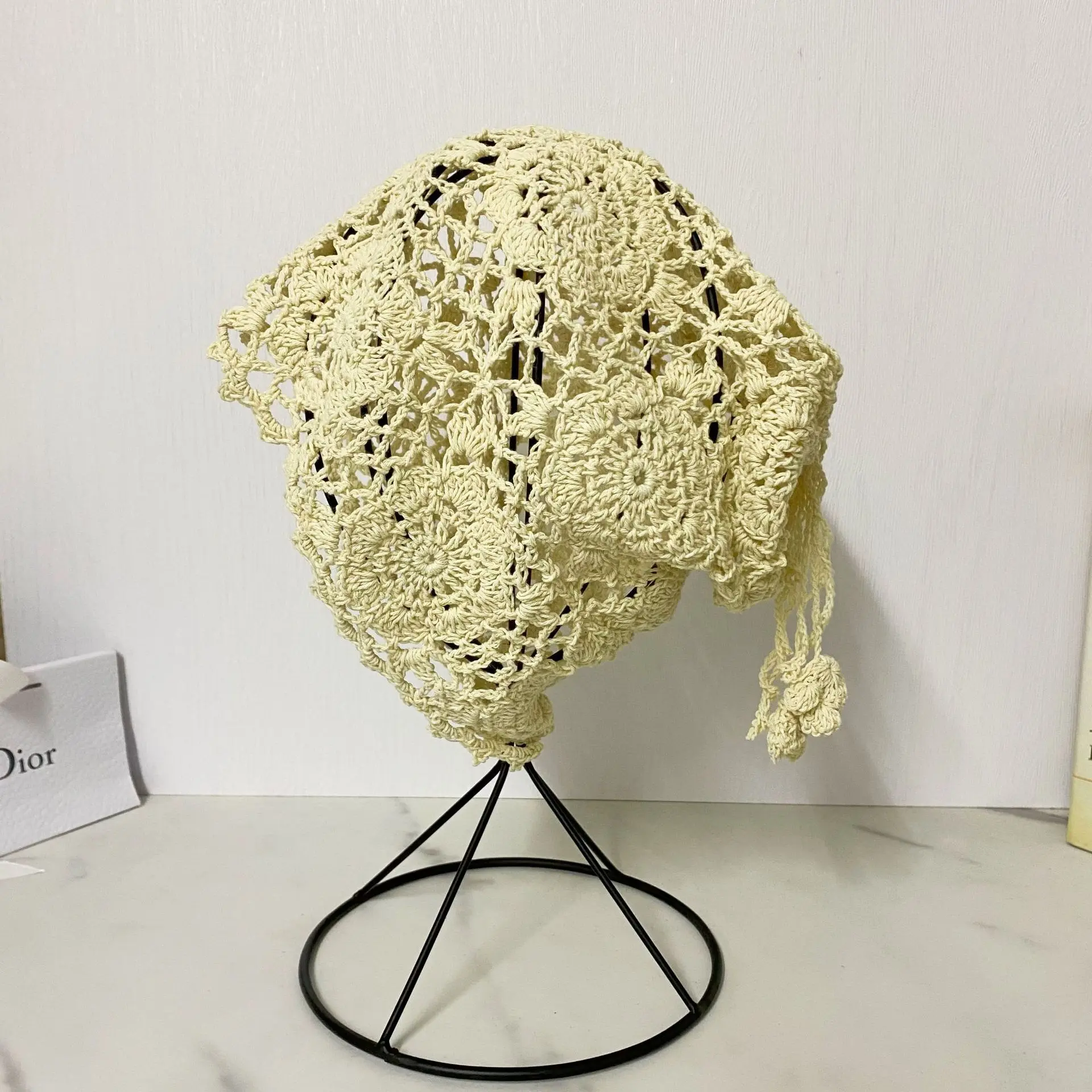 Spring/Summer Thin Hollow Cotton Handmade Women's Hooked Flower Hat Knitted Woolen Hat Headband Knitted Hat