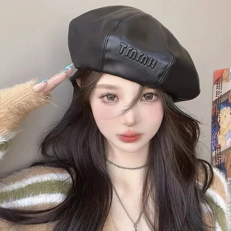 Korean PU Leather Beret Women's Hat Spring And Autumn British Versatile Artistic Painter Hat Pumpkin Hat Octagonal Hat