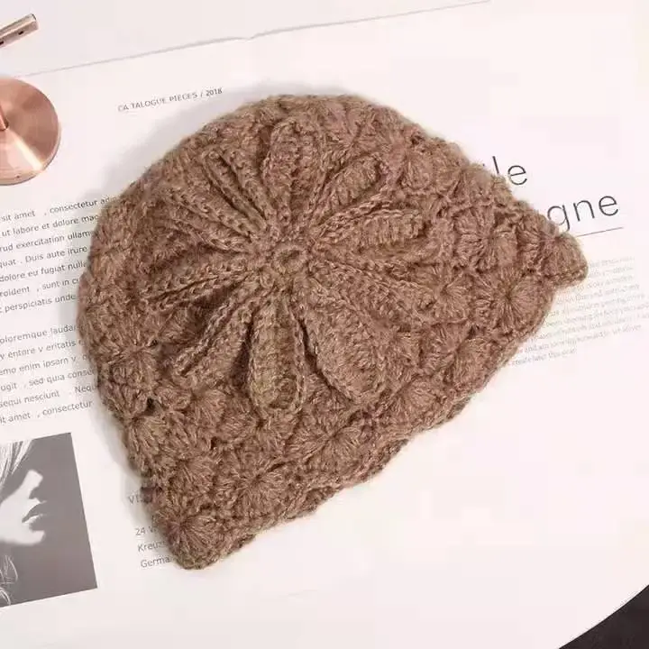 Autumn and Winter Korean Versatile Trendy Retro Elegant Three Dimensional Flower Horse Haimao Hollow Knitted Warm Woolen Hat