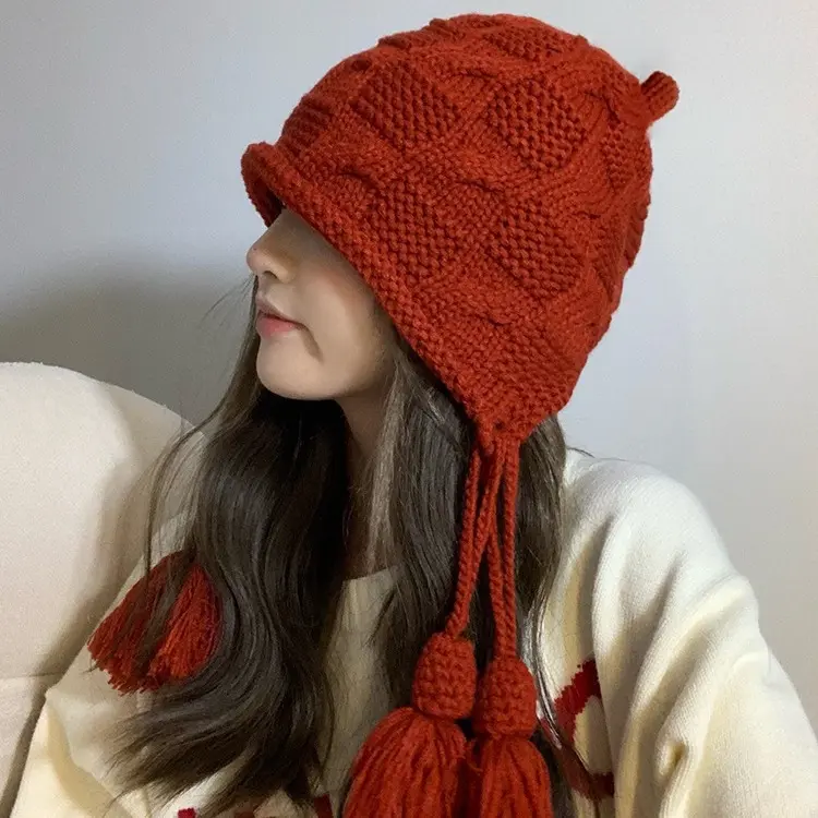 Autumn and Winter Tassel Knitted Hat Fashion New Product Sweet and Cute Woolen Hat Ear Protection Winter Pullover Hat