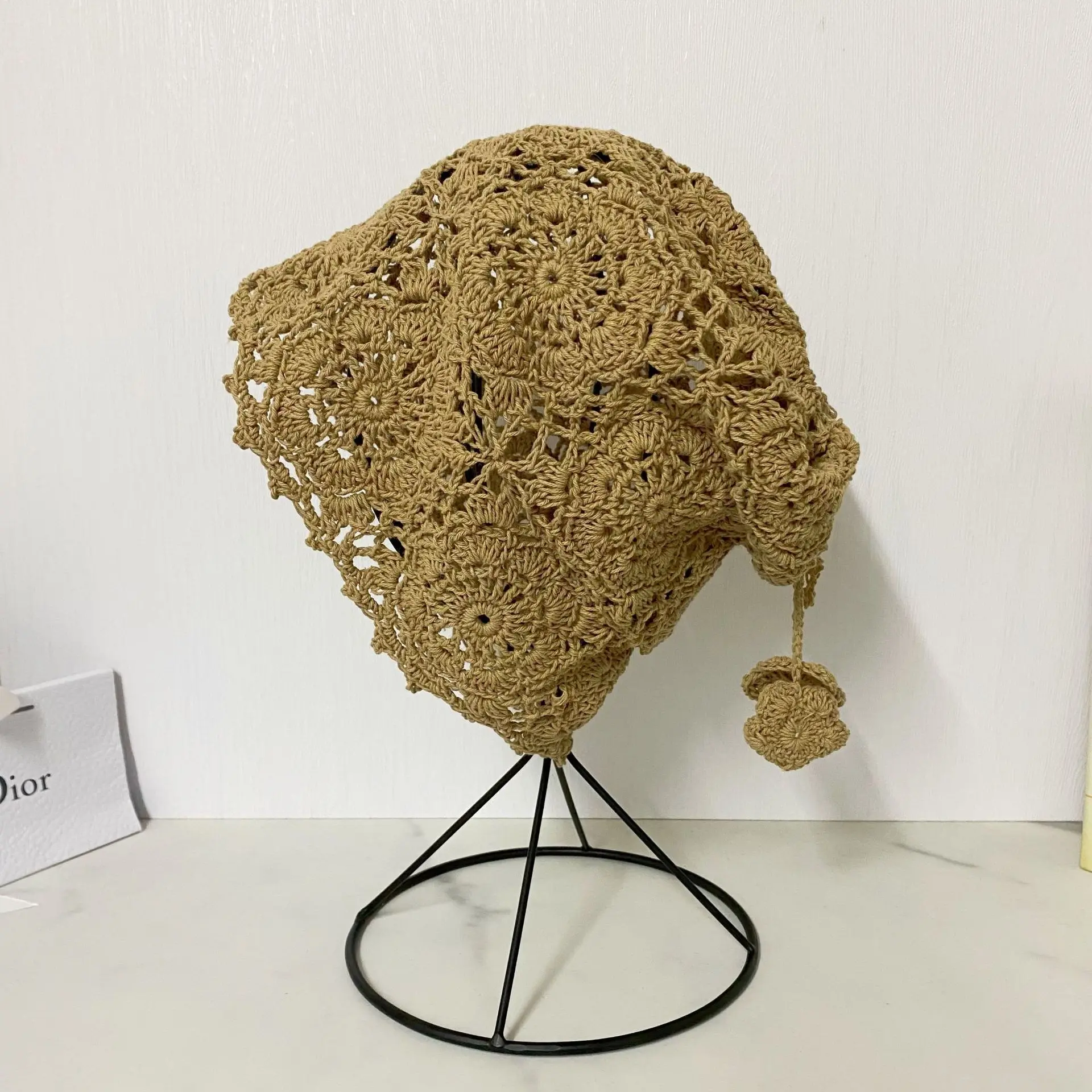 Spring/Summer Thin Hollow Cotton Handmade Women's Hooked Flower Hat Knitted Woolen Hat Headband Knitted Hat