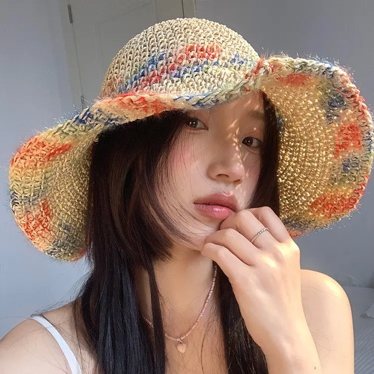 2024 new Womens Straw Gradient hat bucket hat UV Protection Sun Visor beach hat Women Visors rainbow Women Summer Hat Cap
