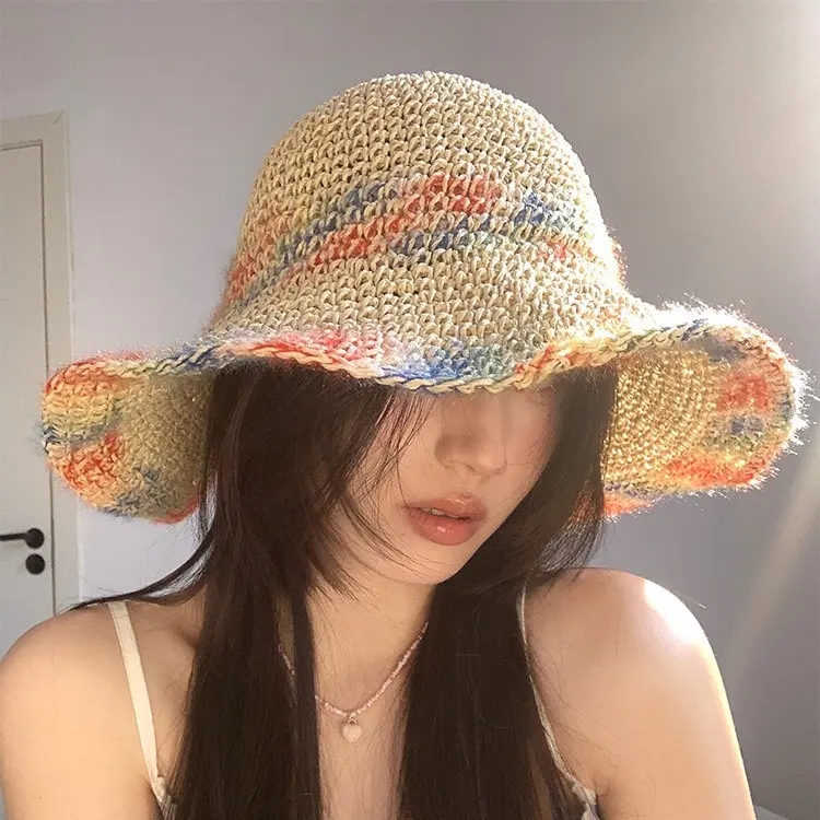 2024 new Womens Straw Gradient hat bucket hat UV Protection Sun Visor beach hat Women Visors rainbow Women Summer Hat Cap