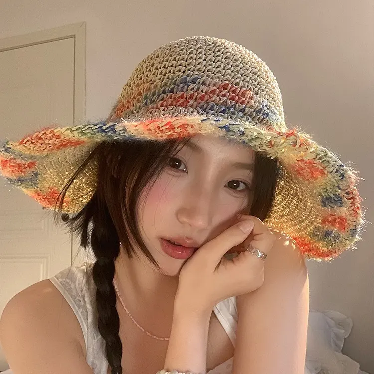 2024 new Womens Straw Gradient hat bucket hat UV Protection Sun Visor beach hat Women Visors rainbow Women Summer Hat Cap