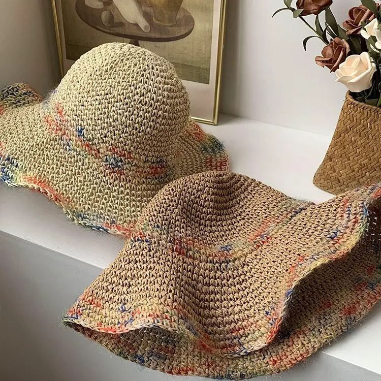 2024 new Womens Straw Gradient hat bucket hat UV Protection Sun Visor beach hat Women Visors rainbow Women Summer Hat Cap