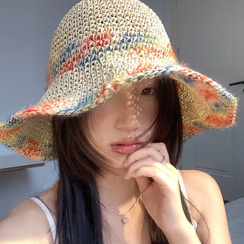 2024 new Womens Straw Gradient hat bucket hat UV Protection Sun Visor beach hat Women Visors rainbow Women Summer Hat Cap