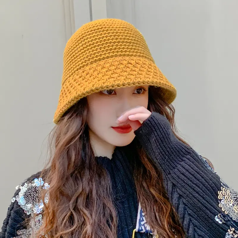 Fisherman's Hat Women's Autumn and Winter Woolen Warm Ear Protection Round Top Casual Bowl Hat I Bucket Hat