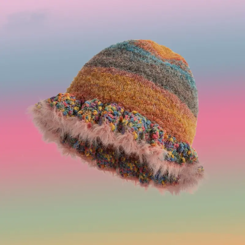 2023 Fashion Colorful Gradient Stripe Woolen Hat Women's Autumn and Winter Cute Handmade Plush Hat Knitted Fisherman Hat