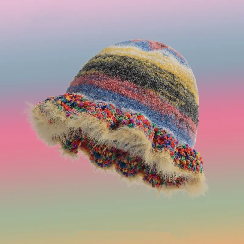 2023 Fashion Colorful Gradient Stripe Woolen Hat Women's Autumn and Winter Cute Handmade Plush Hat Knitted Fisherman Hat