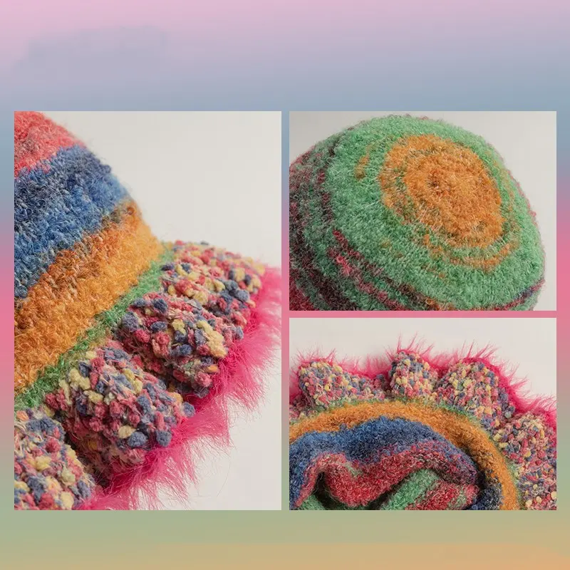 2023 Fashion Colorful Gradient Stripe Woolen Hat Women's Autumn and Winter Cute Handmade Plush Hat Knitted Fisherman Hat