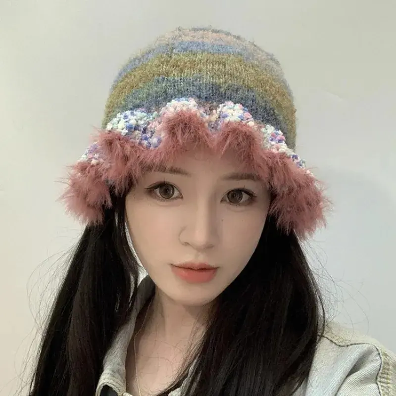 2023 Fashion Colorful Gradient Stripe Woolen Hat Women's Autumn and Winter Cute Handmade Plush Hat Knitted Fisherman Hat