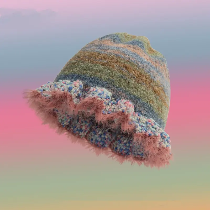 2023 Fashion Colorful Gradient Stripe Woolen Hat Women's Autumn and Winter Cute Handmade Plush Hat Knitted Fisherman Hat