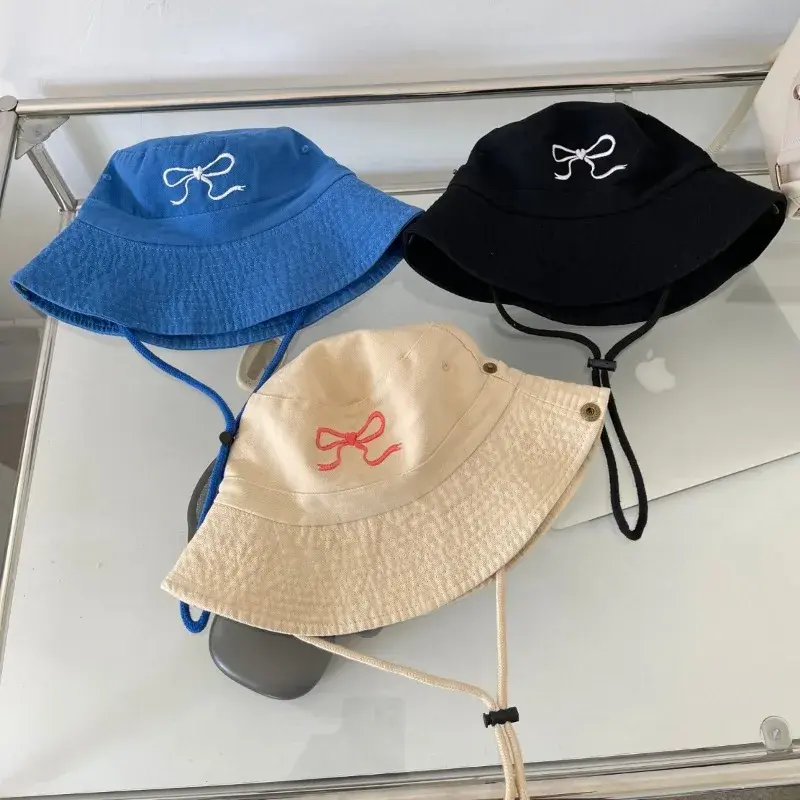Korean Spring and Summer Bow Pattern Embroidered Bucket Hat Women's Outdoor Sweet Trend Sunshade Strap Windproof Fishing Cap