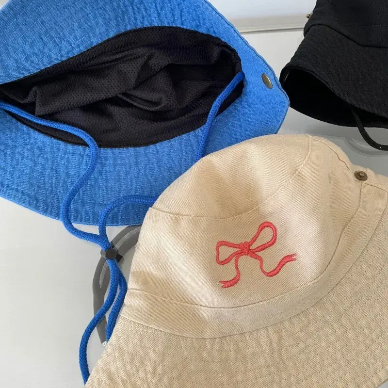 Korean Spring and Summer Bow Pattern Embroidered Bucket Hat Women's Outdoor Sweet Trend Sunshade Strap Windproof Fishing Cap