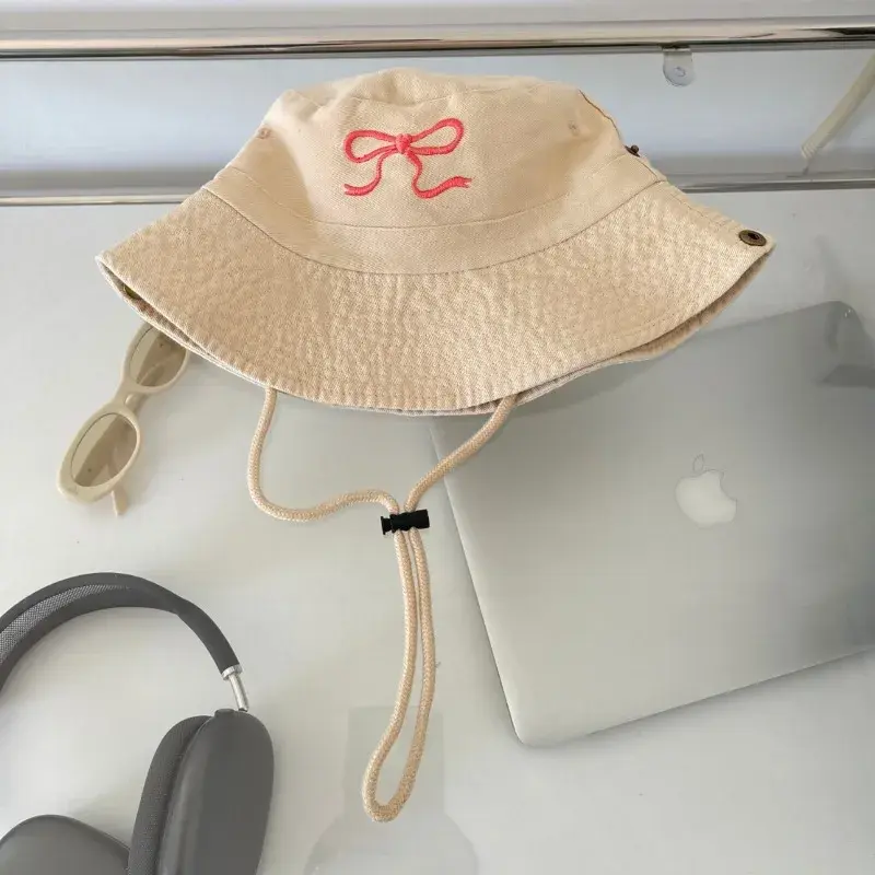 Korean Spring and Summer Bow Pattern Embroidered Bucket Hat Women's Outdoor Sweet Trend Sunshade Strap Windproof Fishing Cap