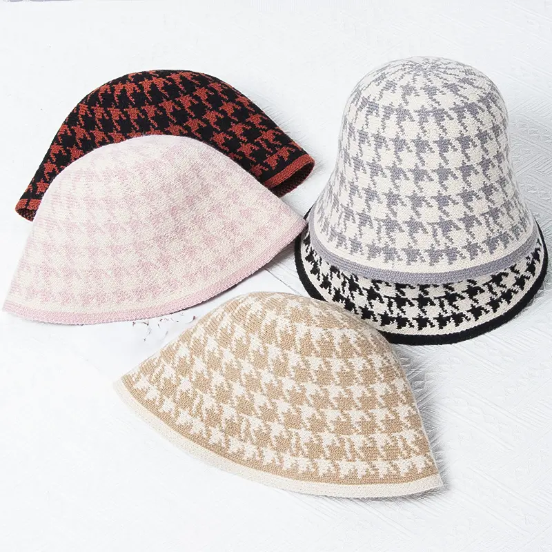 Autumn And Winter Knitted Woolen Hat Children's Versatile Houndstooth Black and White Japanese Bucket hat Warm Bucket Hat
