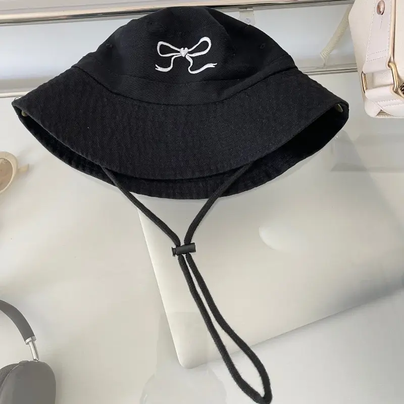 Korean Spring and Summer Bow Pattern Embroidered Bucket Hat Women's Outdoor Sweet Trend Sunshade Strap Windproof Fishing Cap