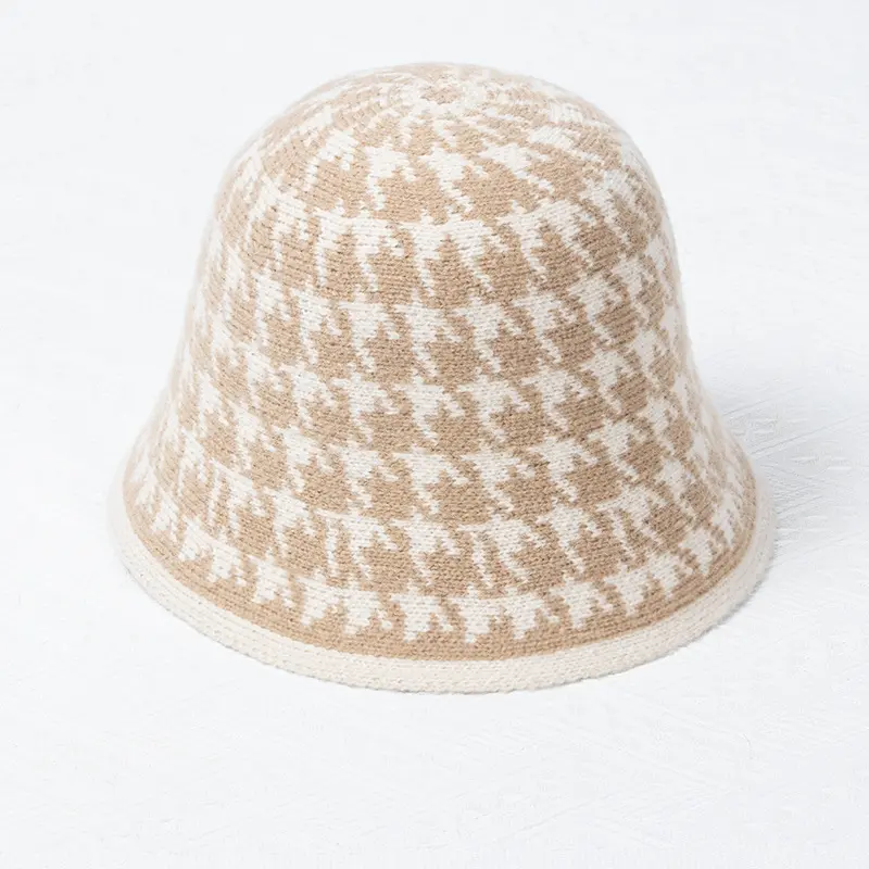 Autumn And Winter Knitted Woolen Hat Children's Versatile Houndstooth Black and White Japanese Bucket hat Warm Bucket Hat