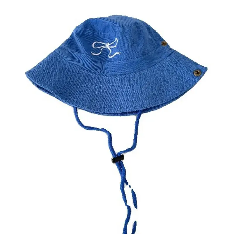 Korean Spring and Summer Bow Pattern Embroidered Bucket Hat Women's Outdoor Sweet Trend Sunshade Strap Windproof Fishing Cap