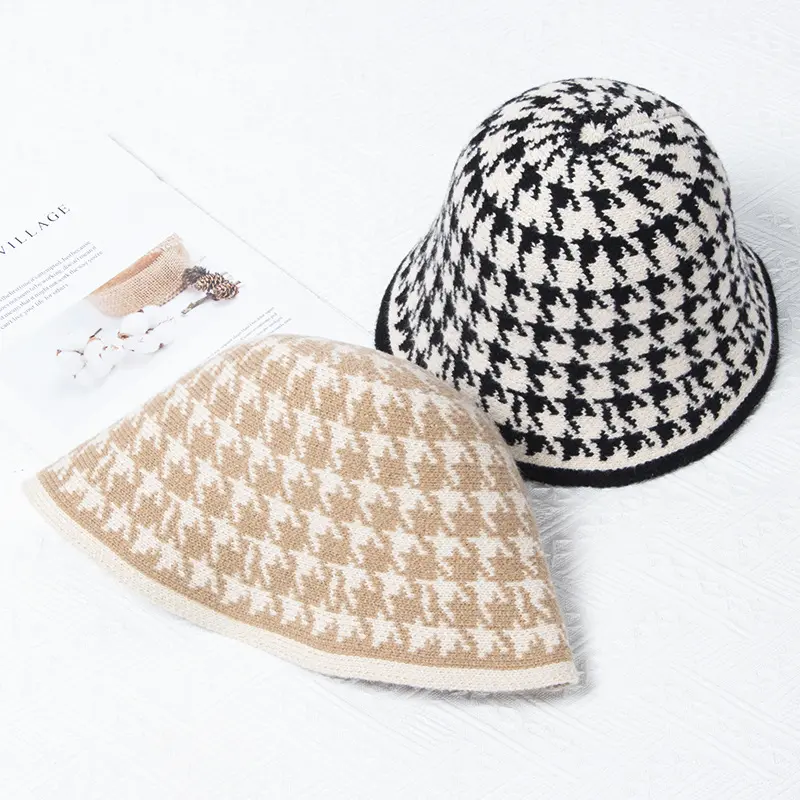 Autumn And Winter Knitted Woolen Hat Children's Versatile Houndstooth Black and White Japanese Bucket hat Warm Bucket Hat