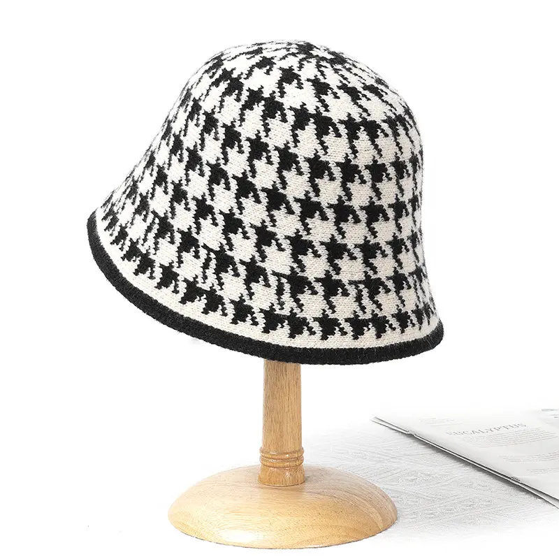 Autumn And Winter Knitted Woolen Hat Children's Versatile Houndstooth Black and White Japanese Bucket hat Warm Bucket Hat